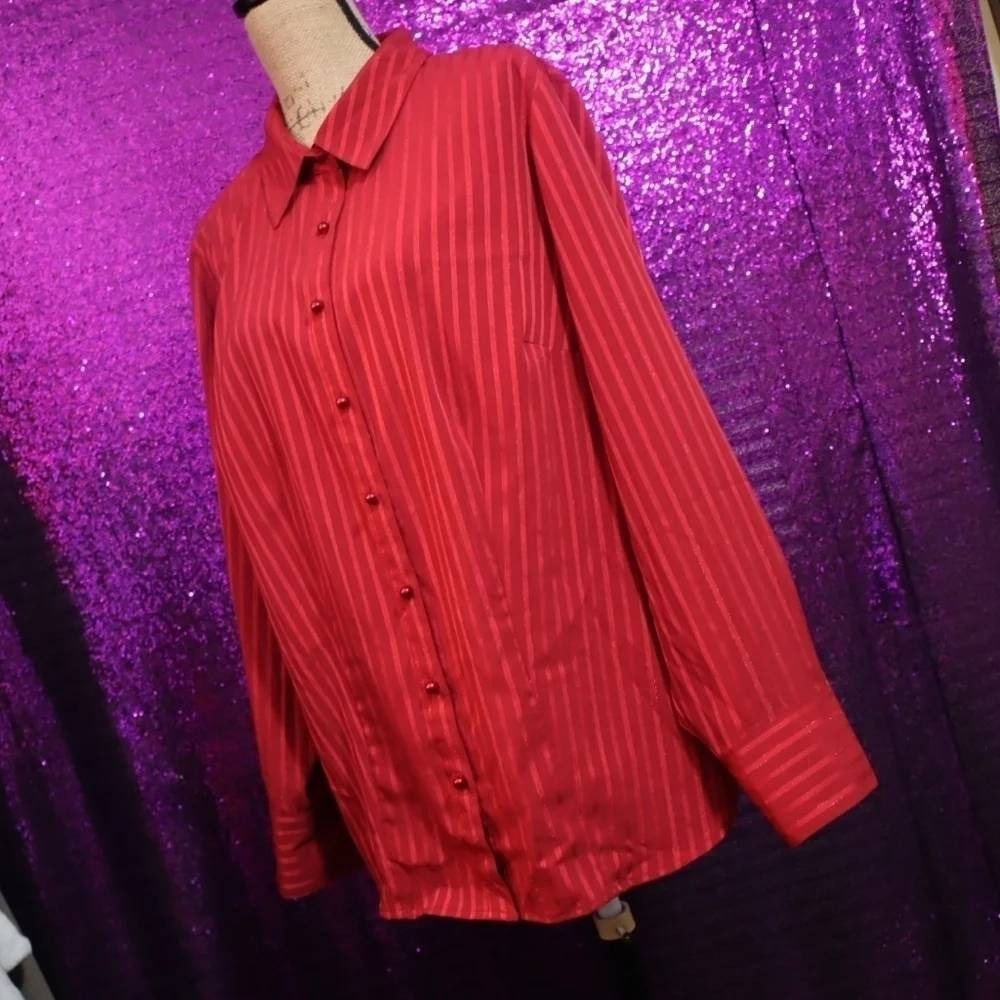 Red Button Down Blouse 1X East 5th Woman Striped Shimmer Long Sleeve Top